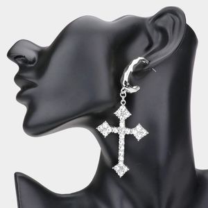 Crystal Silver Dangle Cross Earrings 3.7" Long Pointy Spike Drop Jewelry